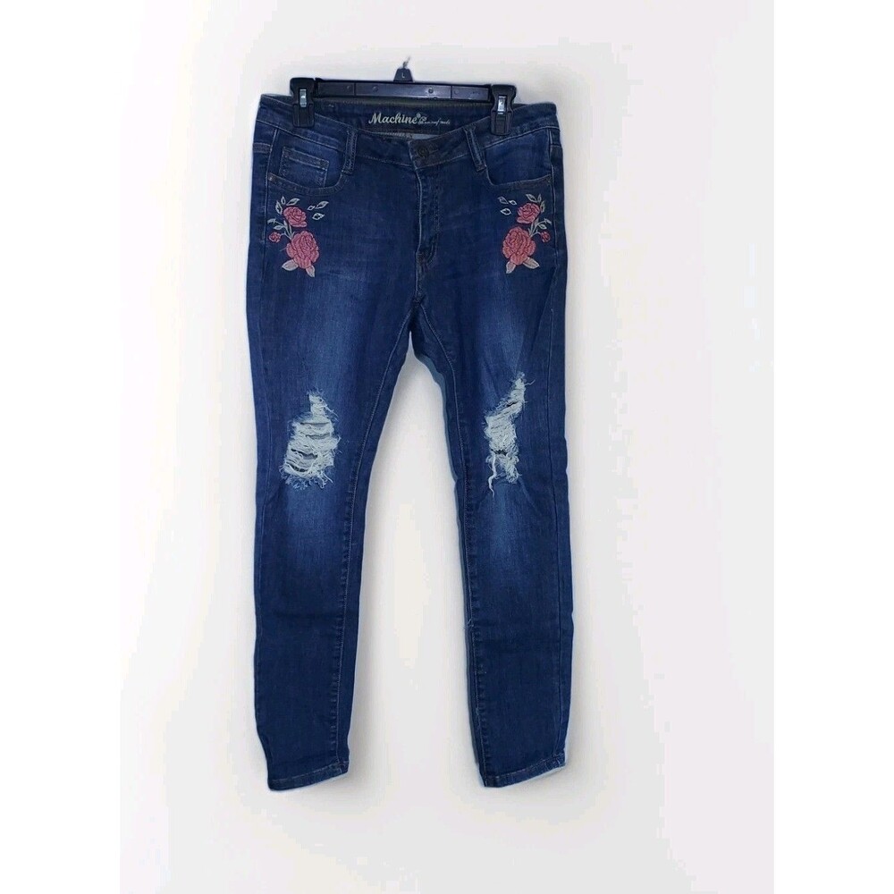 Machine Woman’s Floral Embroidered Distressed Skinny Blue Jeans Junior Size 13